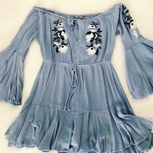 OTS Blue Embroidered Romper/Dress w/ Bell Sleeves